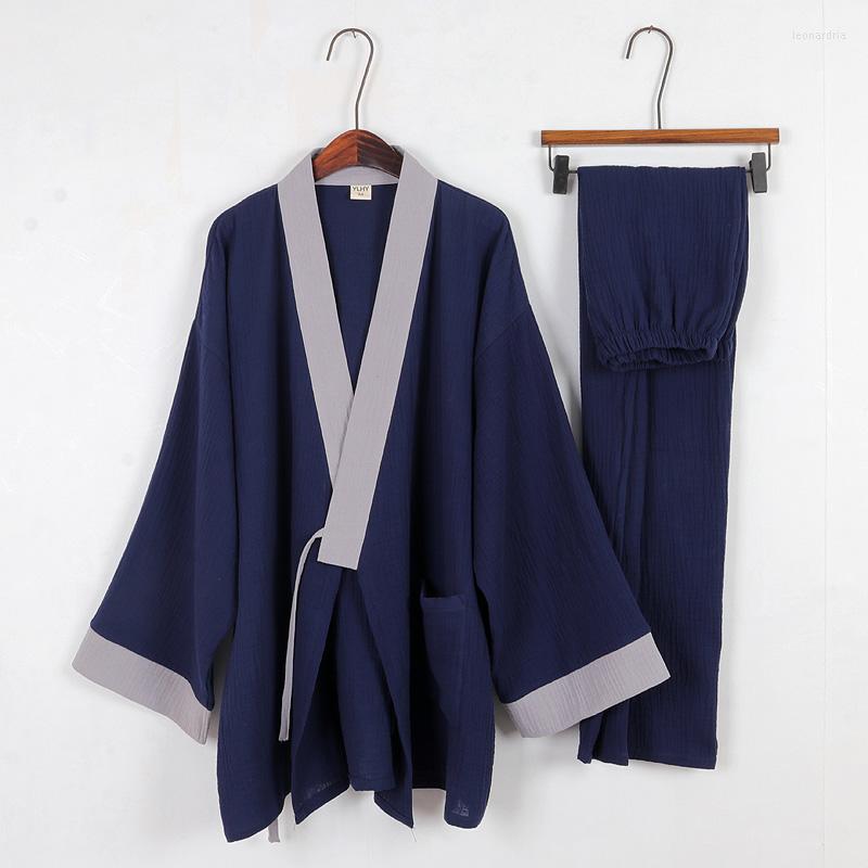 

Men's Sleepwear Chinese Retro Style Cotton Pajamas Pants Set Traditional Ancient Hanfu Kimono Yukata Loose Bathrobe Summer Sleep &, Blue