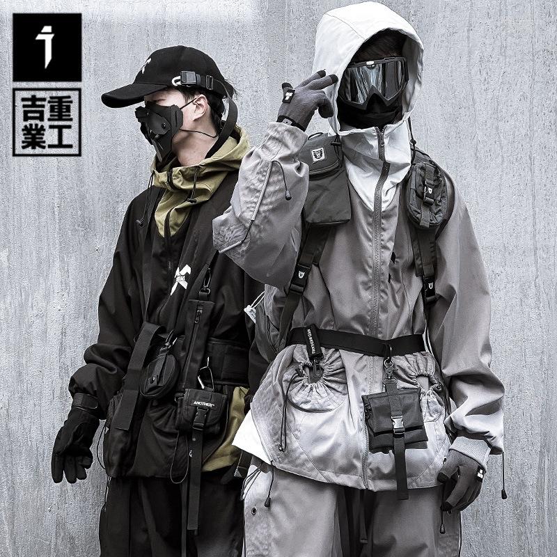 

Men's Hoodies Jiye Heavy Industry2022Spring Mechanical Style Waste Soil Colorblock Hood Coat Women's Loose Leisure Workwear Jacket, Black