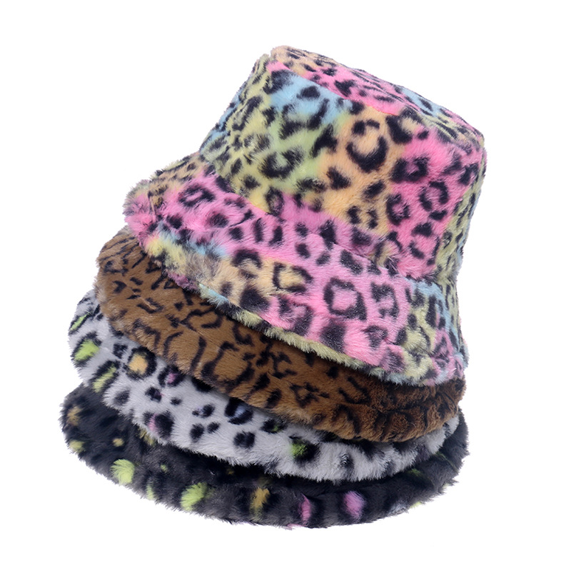 

Ethnic Clothing Imitation Fur Bucket Hat Unisex Winter Panama Small Colored Leopard Print WarmBasin Lady