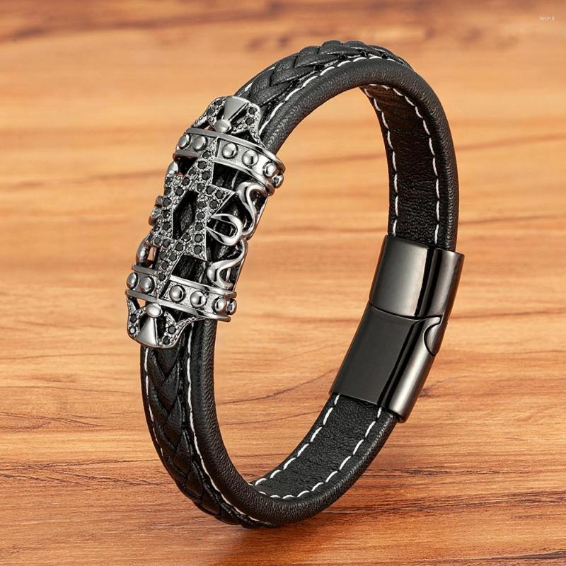 

Charm Bracelets XQNI High Quality Stainless Steel Bracelet Black Leather Braided Cubic Zircon Bead Men Hand Jewelry Accessories