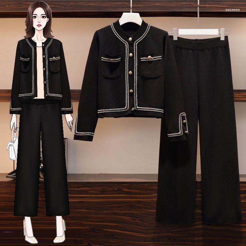

Women's Two Piece Pants Women's 2022 Women Autumn Casual Solid Knitted Set Lady Pullovers Tops And Wide-Leg Suit Female Vintage O57, Black