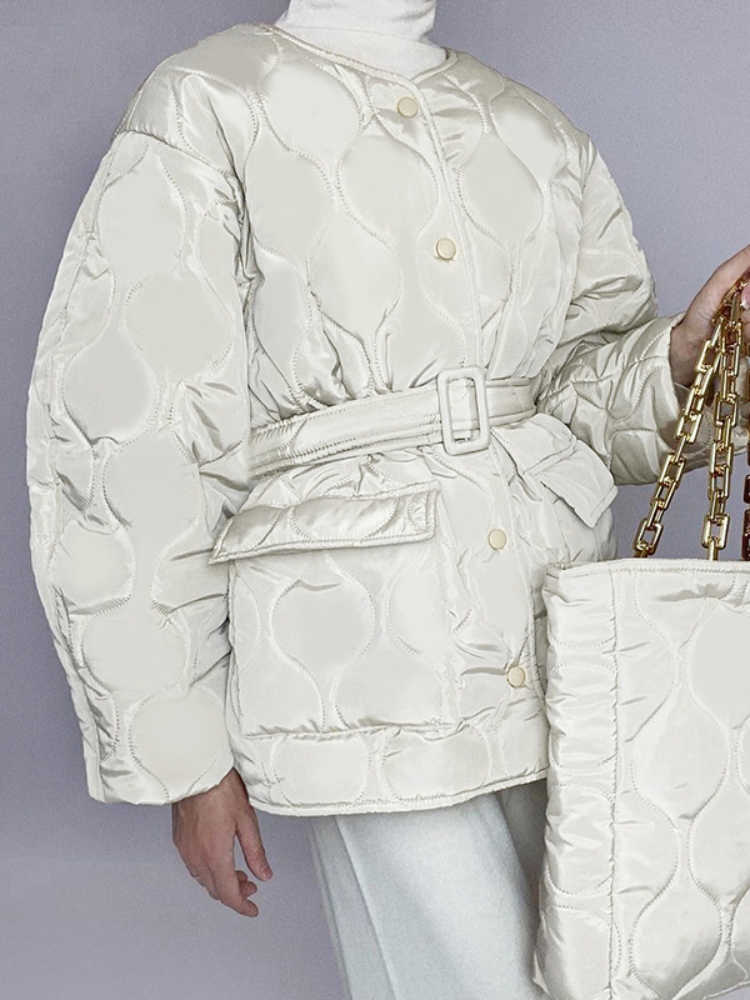 

Women's Down Parkas Winter Casual Loose Arygle Parkas Coats for Women Fashion Solid Long Sleeve Quilted Coat Elegant Tie Belt Cotton Jackets Outwear T221011, White