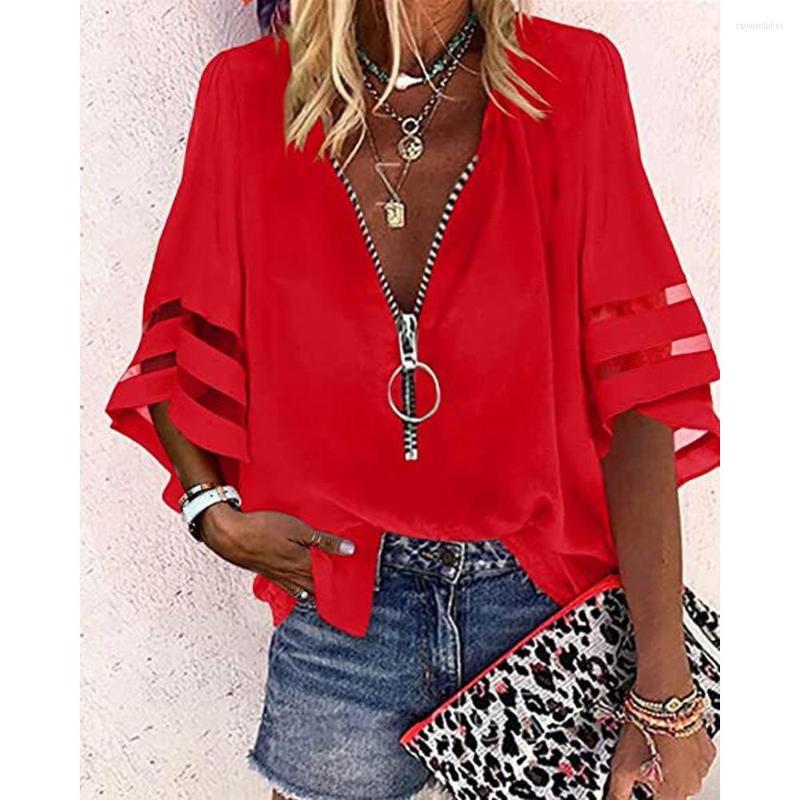 

Women' Blouses 2022 Women Zipper V-Neck Loose Sexy Lace Patchwork Flared Sleeve Mesh Solid Shirt Blouse Casual Tops T-Shirt Streetwear, Pink