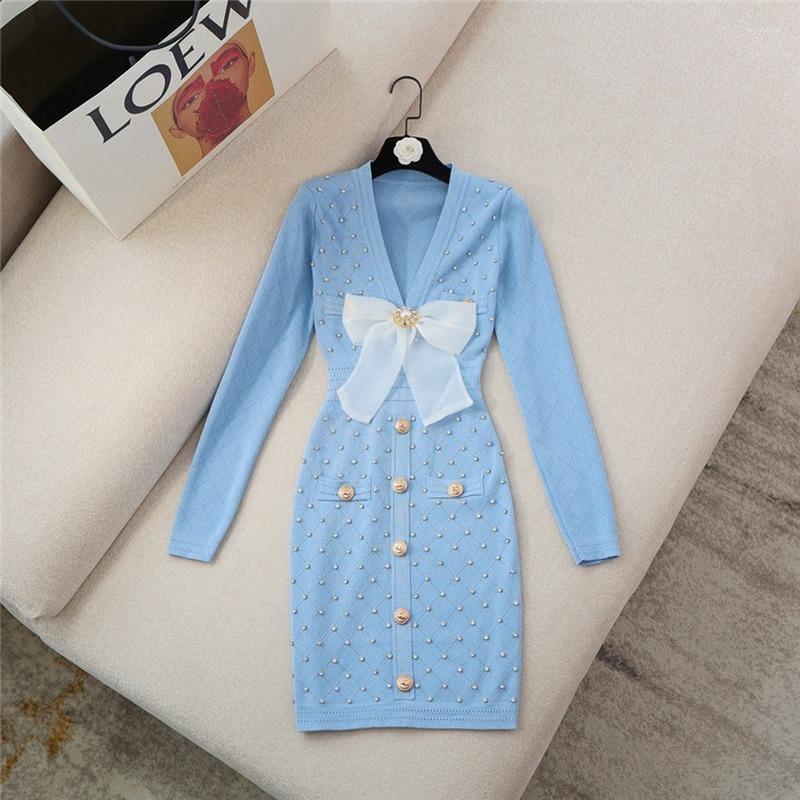 

Casual Dresses Women Sweet Knitted Mini Dress Elegant Diamonds V Neck Long Sleeve Big Bow Party Night Streetwear Golden Buttons Pencil, White
