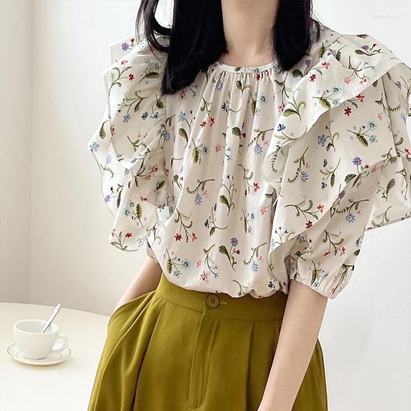 

Women's Blouses 2022 Summer Women Blouse White Floral Round Neck Ruffle Short Puff Sleeve Loose Top Vintage Shirt Korean Fashion Clothing, Beige