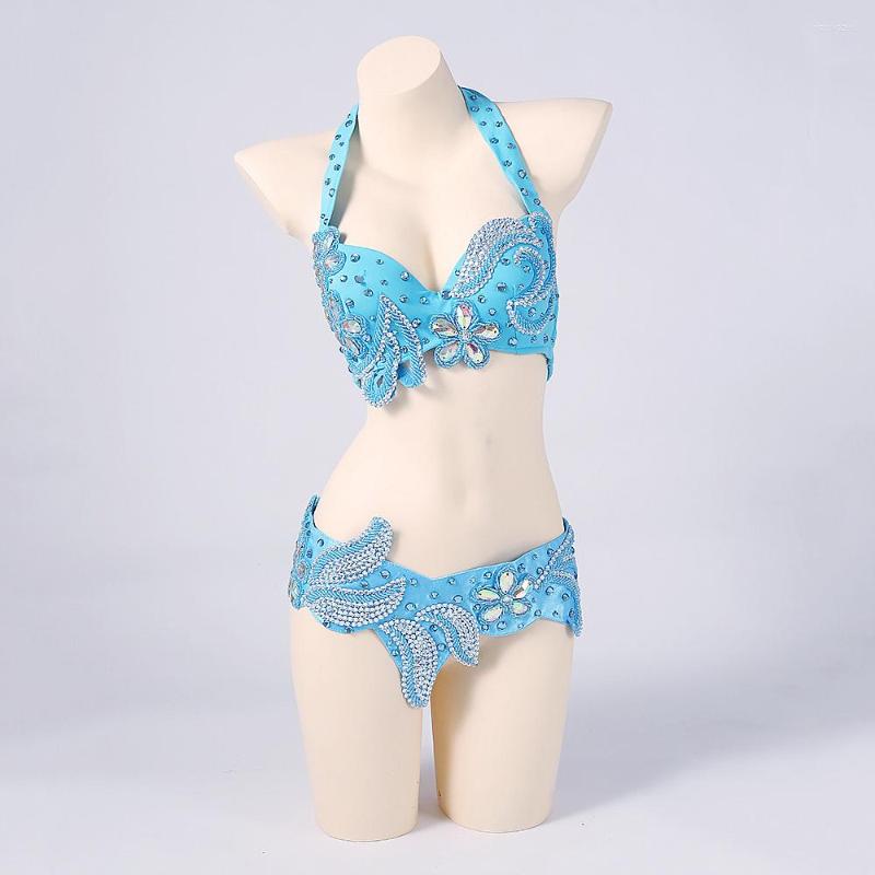

Stage Wear & Dance Women Oriental Sequin Beaded Bra And Belt Bellydance Suit 2pcs Rhinestones Costume For Belly, Blue