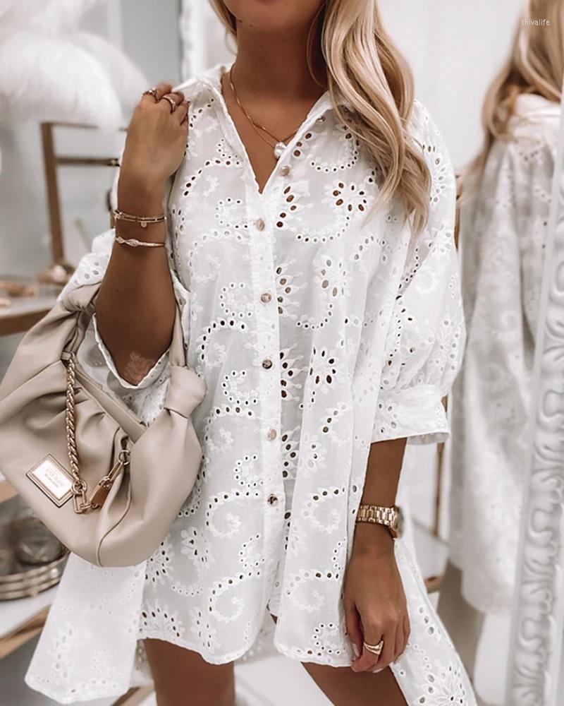 

Casual Dresses 2022 Autumn Lace Women' Dress Loose Solid White Long Sleeve Shirt Female Elegant Fashion Ladies Clothes