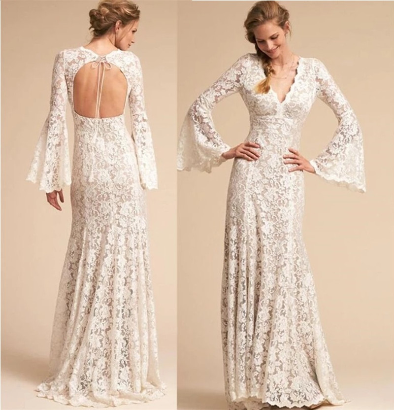 

V Neck Beach Style Sweep Train Wedding Dress Elegant Lace Bell Sleeve Backless Bridal Gowns vestidos de mairee Wedding, Ivory
