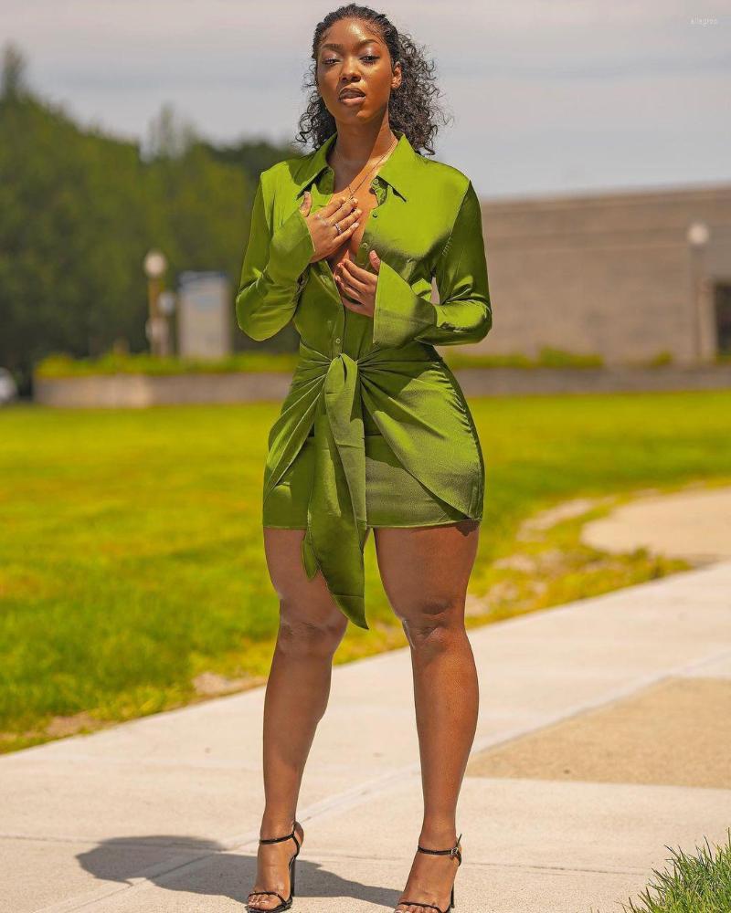 

Casual Dresses Women Shirt Dress Turn Down Collar Bandage Solid Color Sporty Mini Bodycon Streetwear For Vestidos, Blue