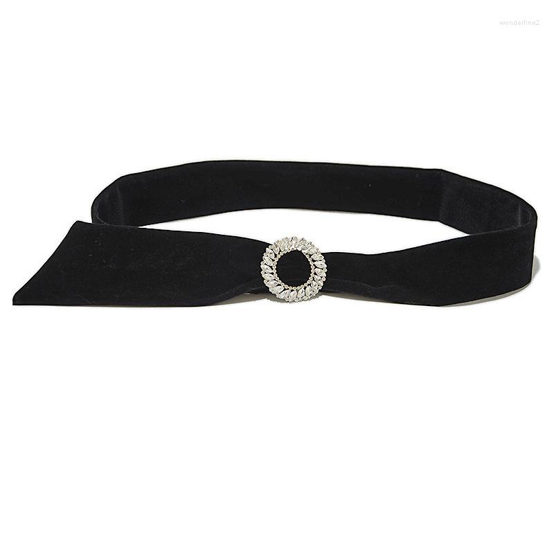 

Belts Holeless Velvet Cloth Women Round Crystal Buckle Belt, Black