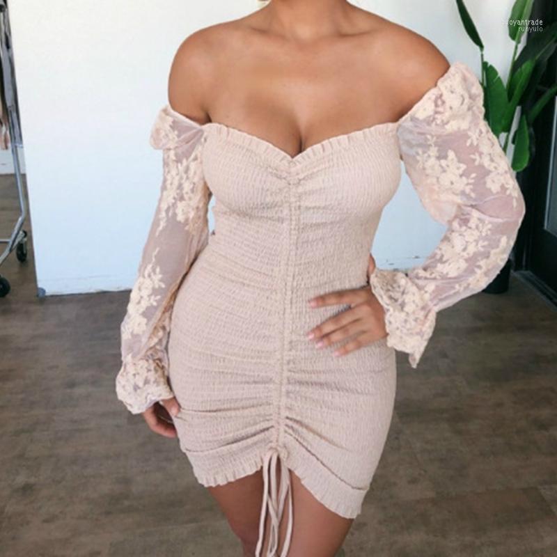 

Casual Dresses 2022 Embroidery Pattern Off Shoulder Long Puff Sleeves With Drawstring Elastic Short Mini Dress Women Sexy V-neck, Green