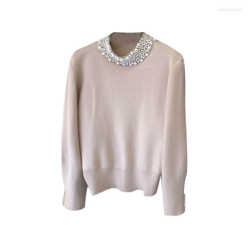 

Women's Sweaters Beaded Round Neck Sweater Women Autumn And Winter Korean Style Loose All-Matching Handmade Pearl Collar Elegant Knitwear, Black
