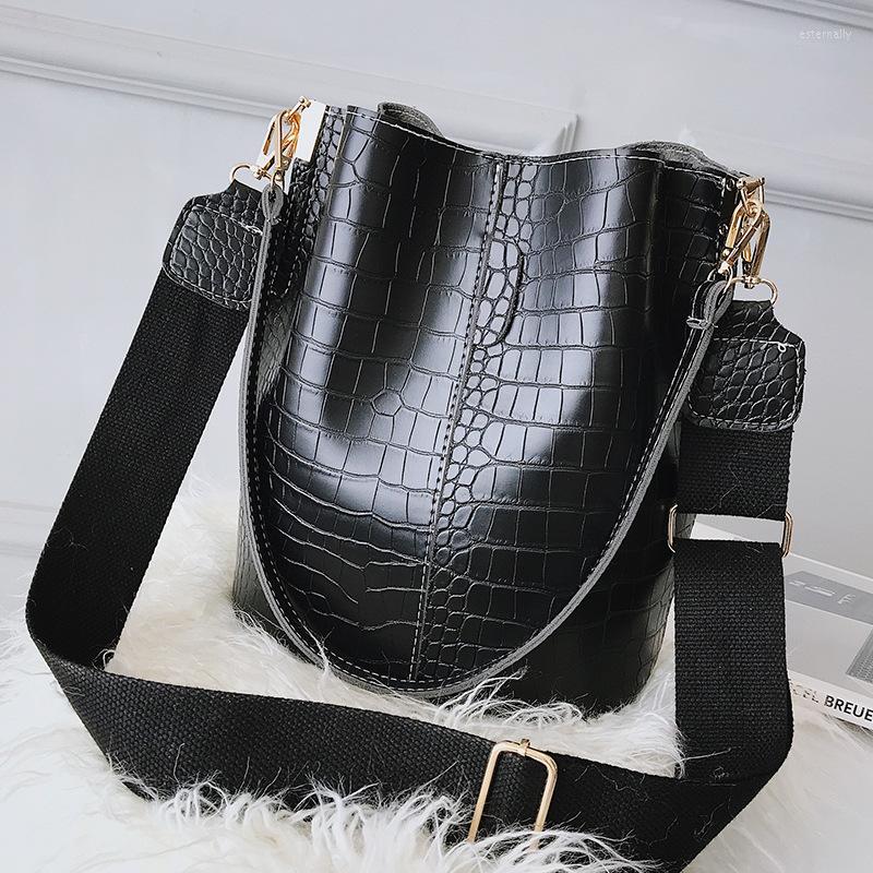 

Evening Bags Crocodile Crossbody Bag For Women Shoulder Brand Designer Luxury PU Leather Bucket Stone Pattern Handbag, Black