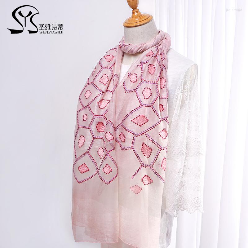 

Scarves Spring And Summer 2022 Women's Embroidered Wool Scarf Geometric Diamond Mulberry Silk Sunscreen Long