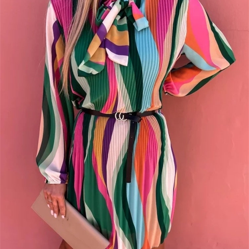 

Two Piece Dress Vintage Colorful Patchwork Short Elegant ONeck Bow Laceup Pleat Boho Women Casual Long Sleeve Loose Party es 221010, Rose red