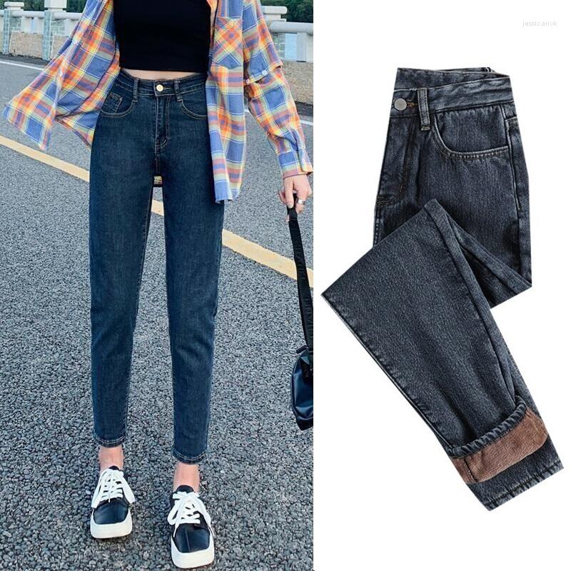 

Women's Jeans Winter Thicken Woman Velevt High Waist Denim Harem Pants Korean Pantalones Vaqueros Mujer Stretch, Blue grey 389