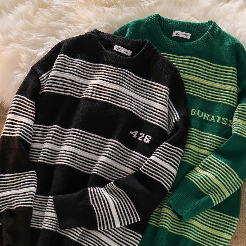 

Women's Sweaters Japanese Streetwear Vintage Striped Sweater Women O-neck Long Sleeve Loose Jumper Autumn Winter Chic Outwear Knit Pullovers, Green