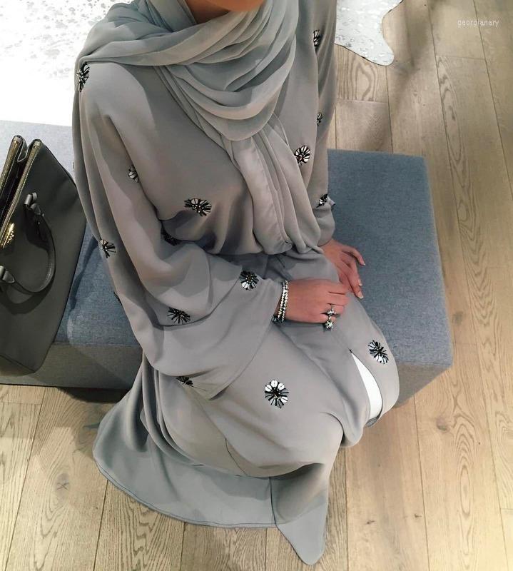 

Casual Dresses Turkish Islamic Clothing Muslim Open Abaya Women Beading Floral Maxi Dubai Arab Lace-up Long Robe Islam Ramadan Kaftan, Gray