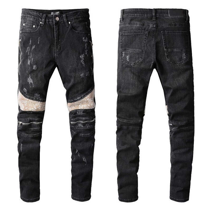 

Black Jeans For Man Denim Ripped with Knee Zipper Skinny Fits Slim Guys Mens Biker Moto Straight Vintage Distress Damaged Stretch Pants Long, 809