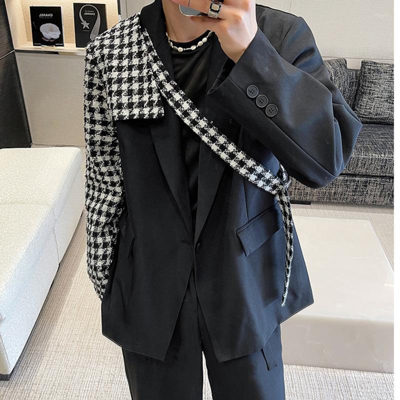 

Men's Suits Niche Menswear Design Plaid Spliced Blazers Male Notched Single Button Suit Jacket Tide Spring Winter Cloth 2022, Black