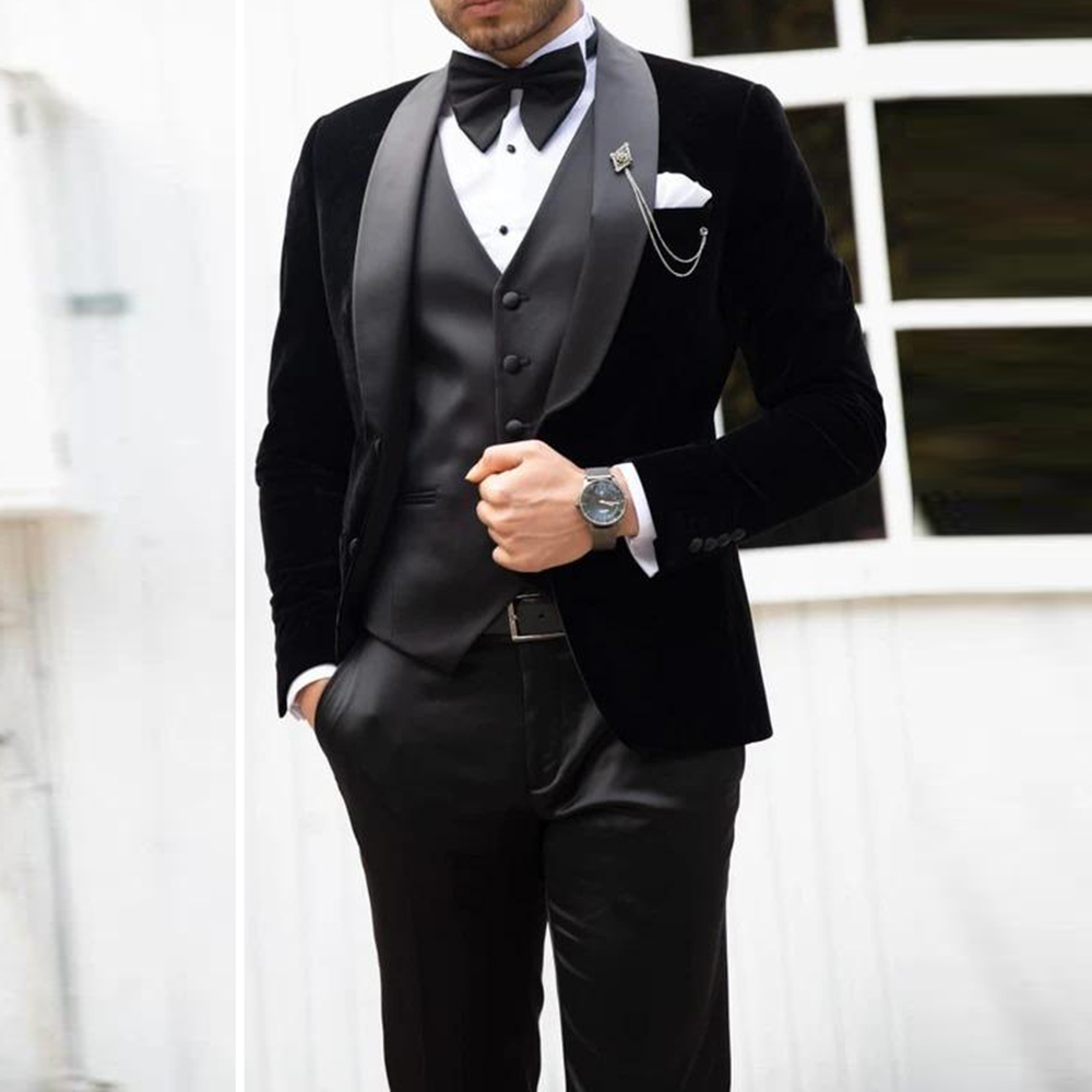 

Mens Wedding Tuxedos Shawl Lapel Velvet Gentle Groom Wear Slim Fit Groomsmen Jacket Pants Man Blazer Costume Homme, Same as image