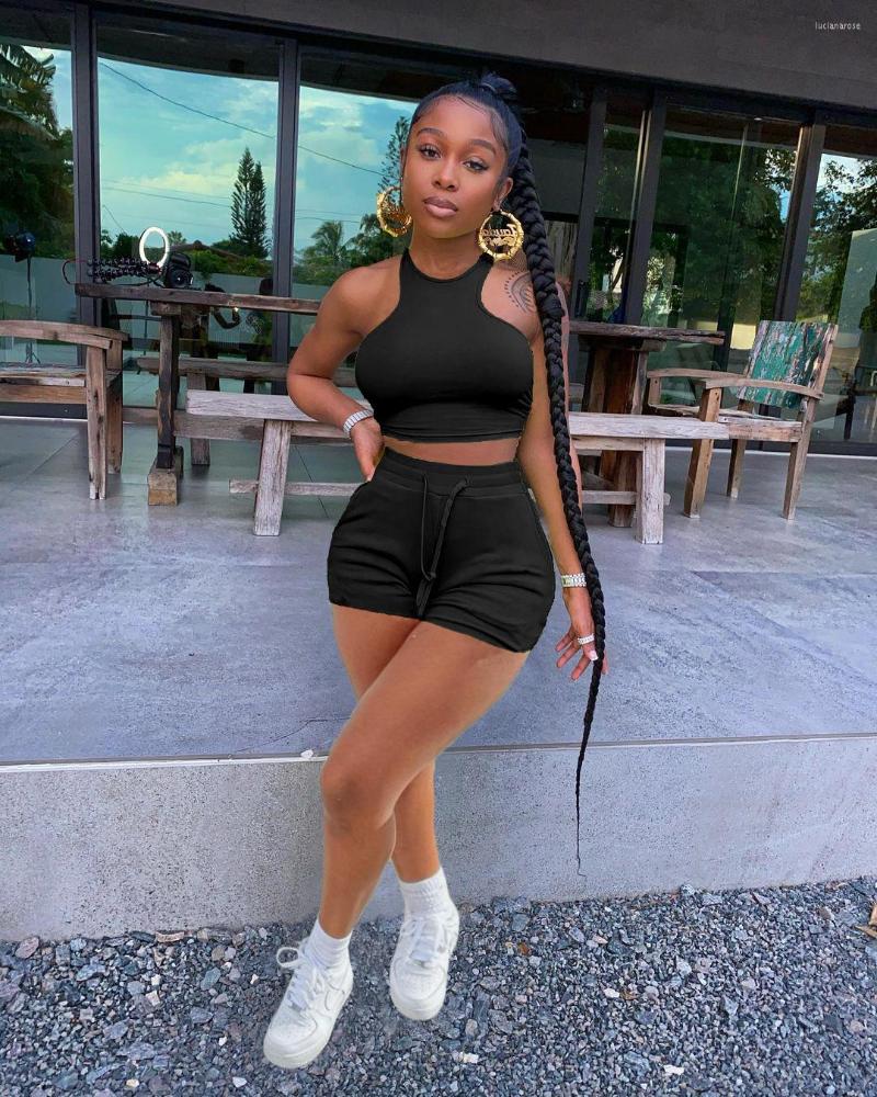 

Women' Tracksuits HHDMV 2022 Summer Fashion Sexy Street Girl Style Sets Sleeveless Dew Waist Top Short Pants Pure Color Two Piece, Black