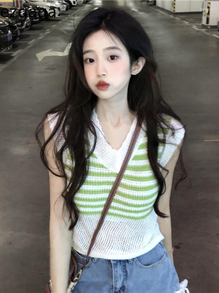 

Women's Vests Ezgaga Striped Vest Women V Neck Hollow Out Sleeveless Cropped Sweater Pullover Outwear Stretch Thin Female Knitted Tops, Green striped