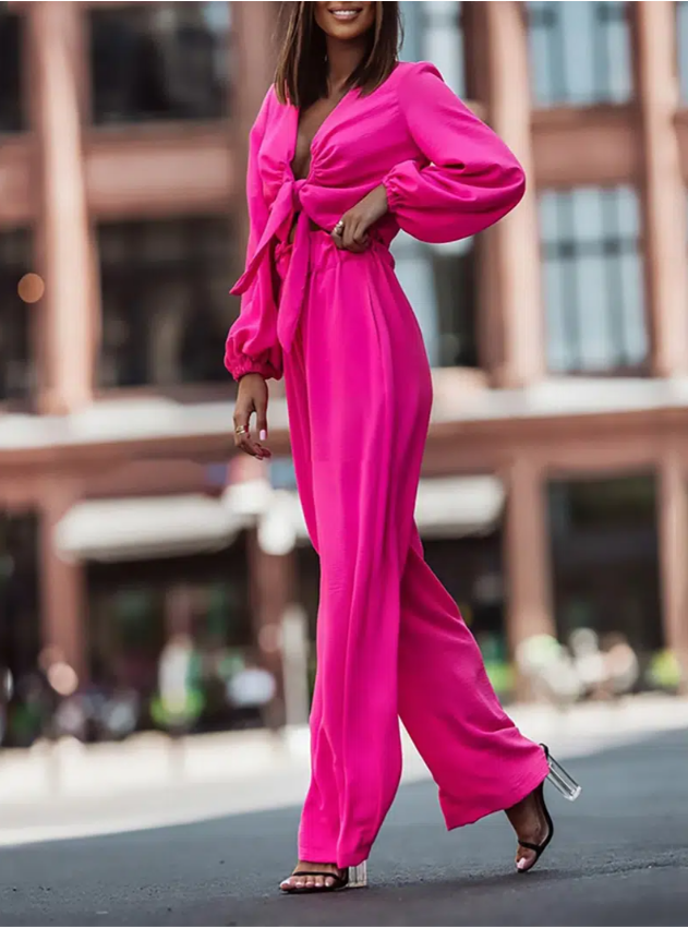 

Women's Sets Solid Lace Up Tops And Straight Legs Pants Two-piece Sets, Orange