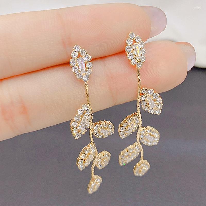 

Stud Earrings Luxury Rhinestone Crystal Leaves Long Tassel For Women Bridal Dangling Party Wedding Jewelry Micro Inlaid Cubic Zircon