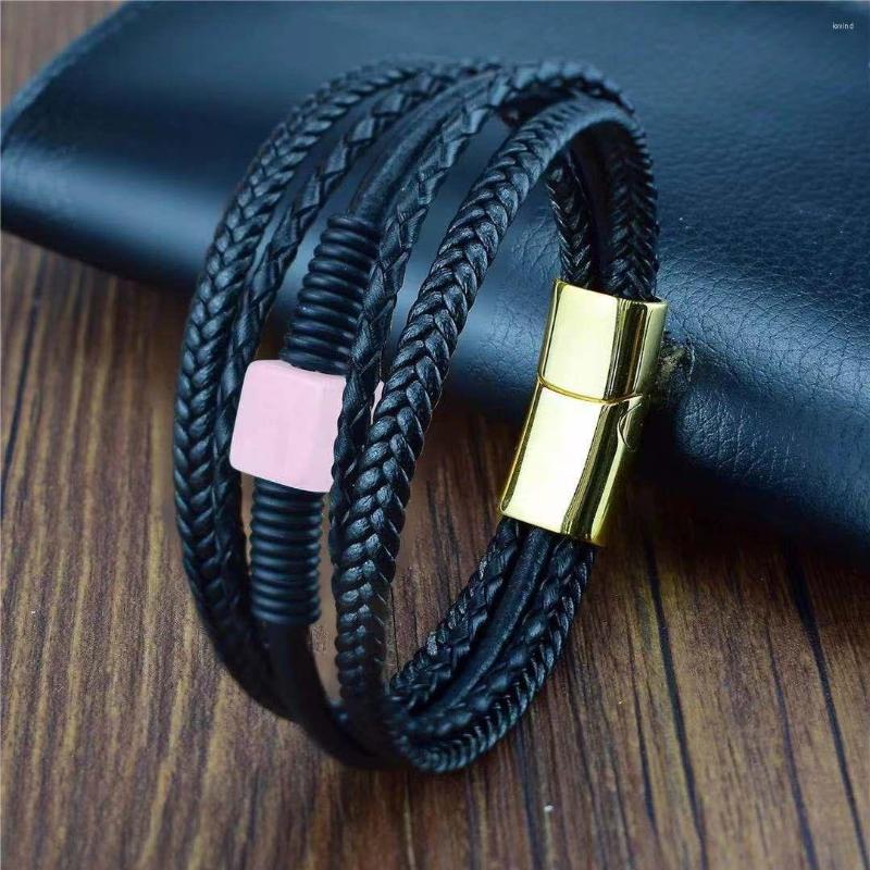 

Strand Men's Jewelry Natural Square Stone Bracelet Black Woven Leather Rope Stainless Steel Magnetic Buckle