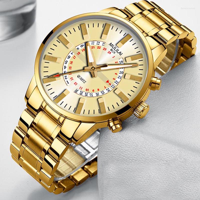 

Wristwatches Men's Top Brand Casual Business Watch Men Stainless Steel Water Resistant Quartz Clock Auto Day Date Watches Montre Homme, Gold