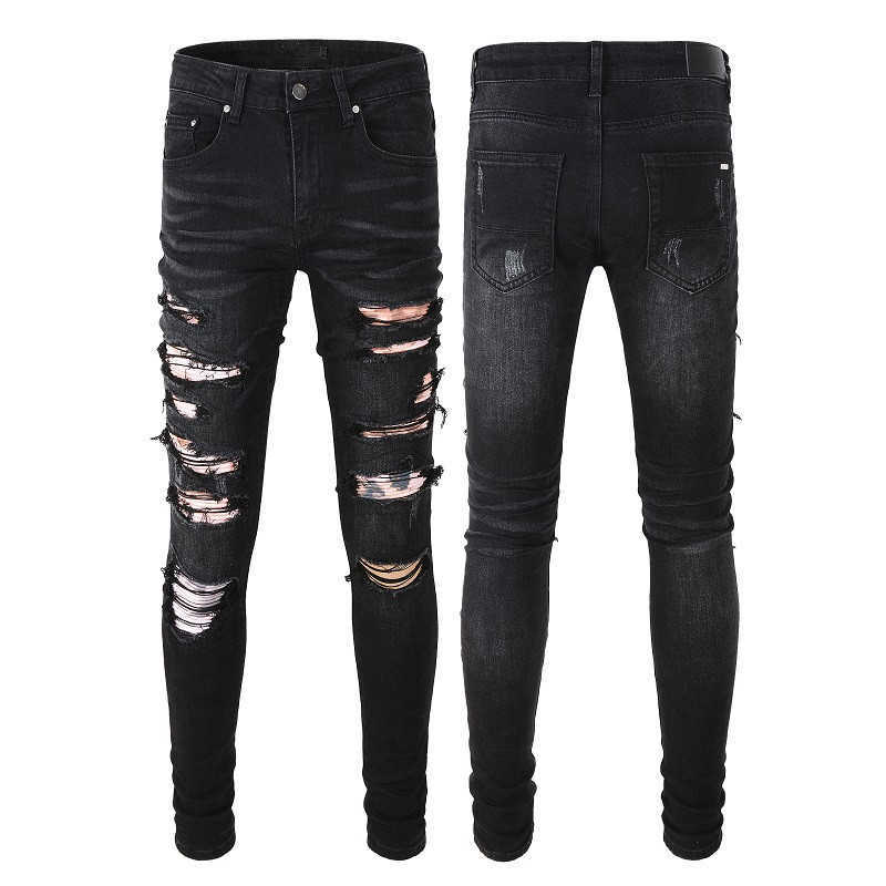 

Ripped Jeans For Man Denim Mens Skinny Biker Slim Knee Ripped Distressed Regular Motorcycle Fit Street Solid Black Color Trendy Long, 841