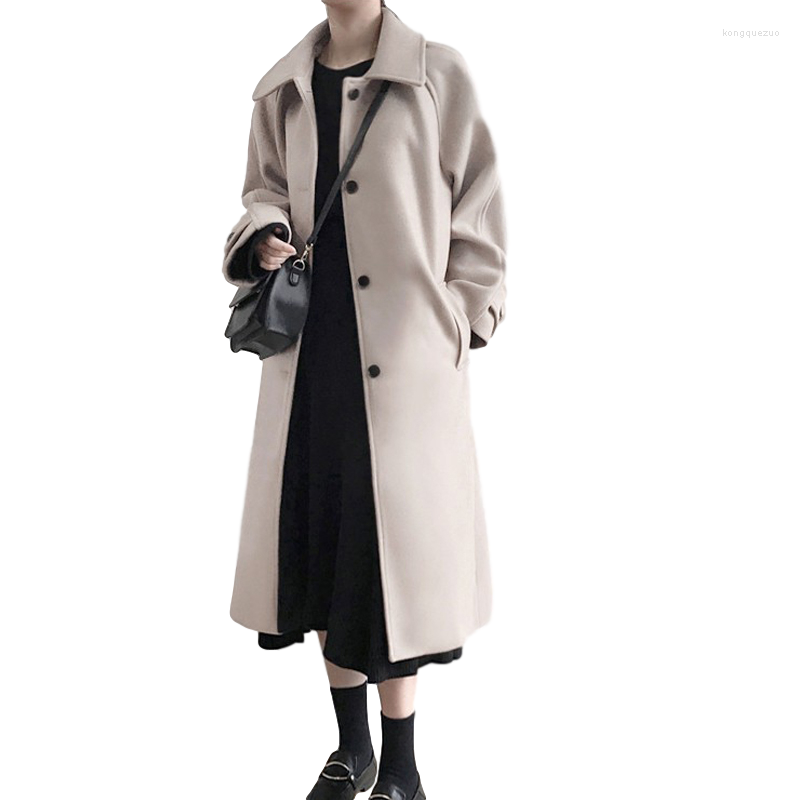 

Women' Trench Coats Korean Woolen Coat Women Mid-Length Autumn Winter Fashion Long Sleeve Wool Jacket Female Loose Windbreaker Thick, Beige