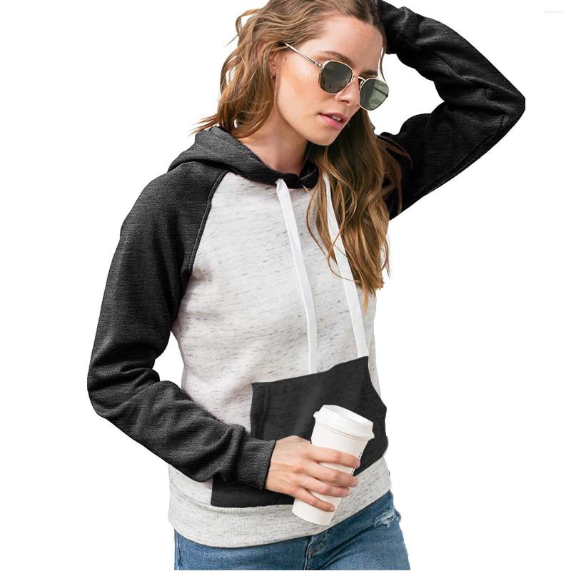 

Women' Sweaters Color Contrast Patchwork Hooded Hoodies Women Sport Long Sleeve Pocket Sweatshirt Top Drawstring Elegant Korean Style, Black