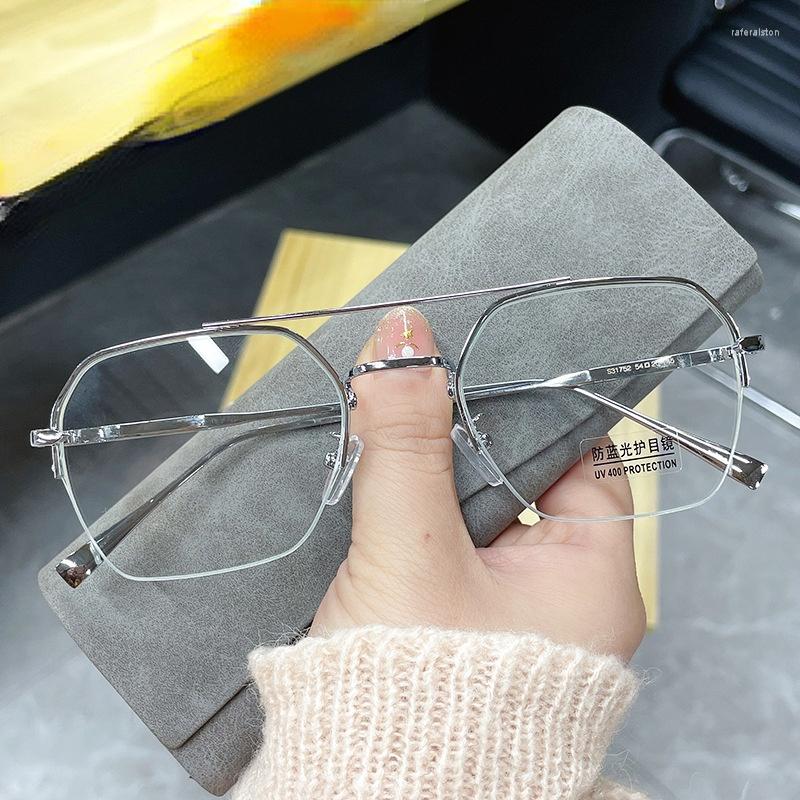 

Sunglasses Frames 2022 Flat Lens Women's Personalized Metal Half Frame Double Beam Spectacle Retro Large Anti Blue Light Glasses