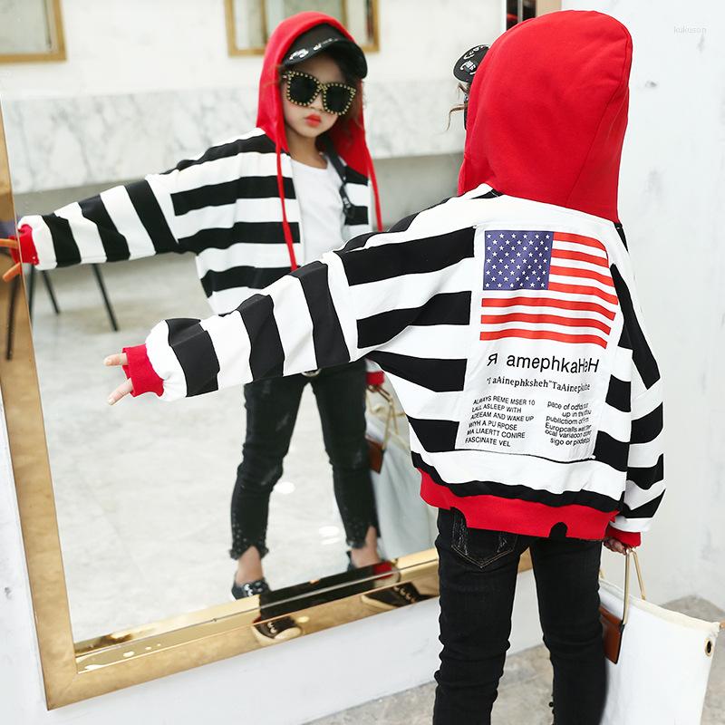 

Jackets 2022 Autumn Baby Coats Stripe Jacket For Girl Letter Graffiti Hooded Sweatshirts Kids Full Sleeve Toddler Outerwear 4 To 14Years, Multi