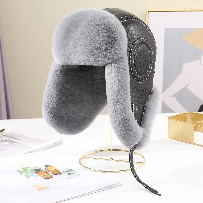 

Berets Men's Natural Rex Fur Bomber Hats Winter Warm Sheepskin Plush Earflap Leather For Mens Real Cap Outdoor Windproof, Black