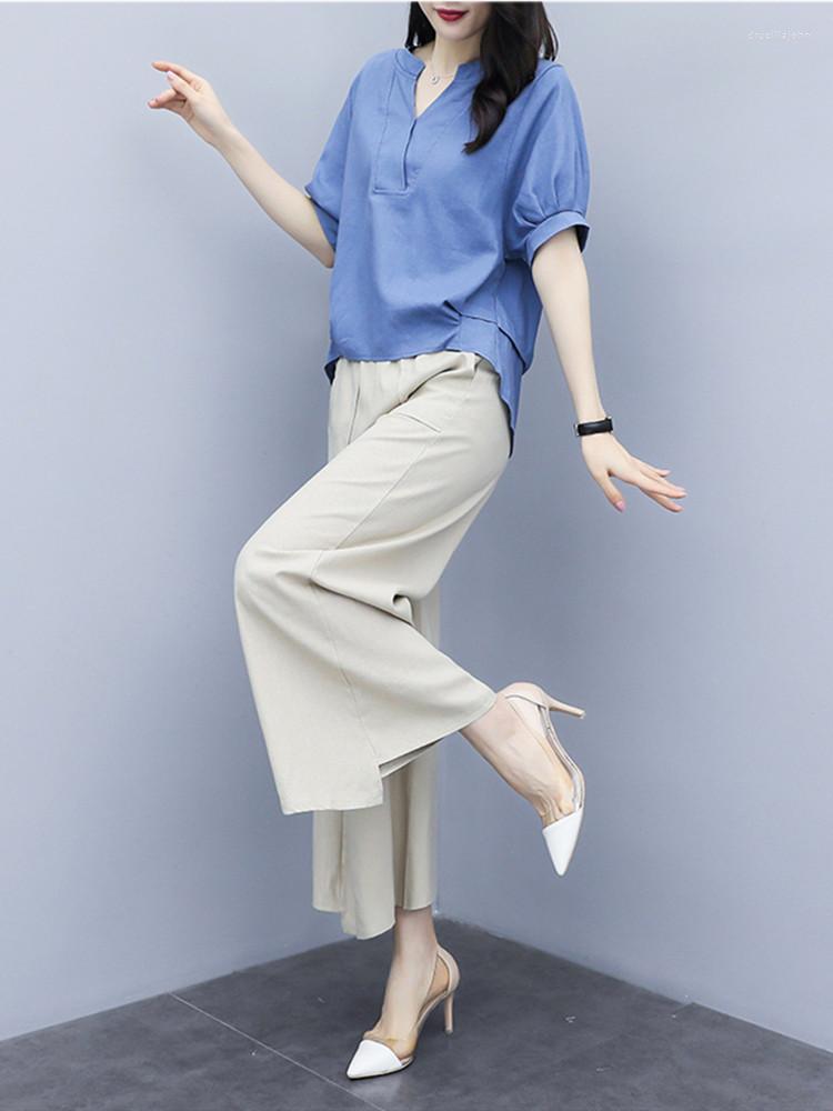 

Women's Two Piece Pants Cotton Linen Suit Women For Summer 2022 Fashion Korean Casual Solid Tops & Wide Leg 2 Pieces Female Outfit, White