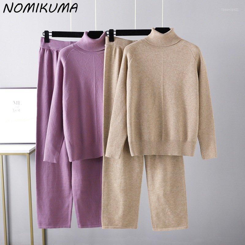 

Women's Two Piece Pants Nomikuma Solid Color Turtleneck Knitted Sweater Set 2022 Autumn Winter Korean Knitwear High Waist Casual Two-piece, Purple