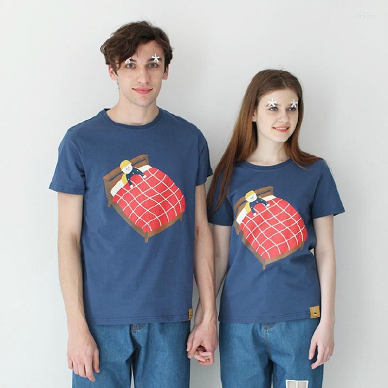 

Women's T Shirts Playful Cartoon Printed Unisex Tshirts O Neck Short Sleeve Women Tee Tops Good Cotton Dark Blue Loose Men T-shirt Oversize