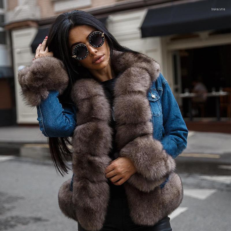 

Women's Fur Arlenesain Custom Denim Women Jacket With Real Beatiful Colors, Ivory