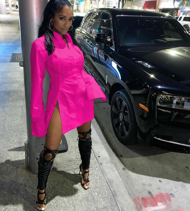 

Casual Dresses Sexy High Slit Mini Shirt Dress For Women Solid Long Sleeve Turn-down Collar Button Skinny Club Party Streetwear, White dress