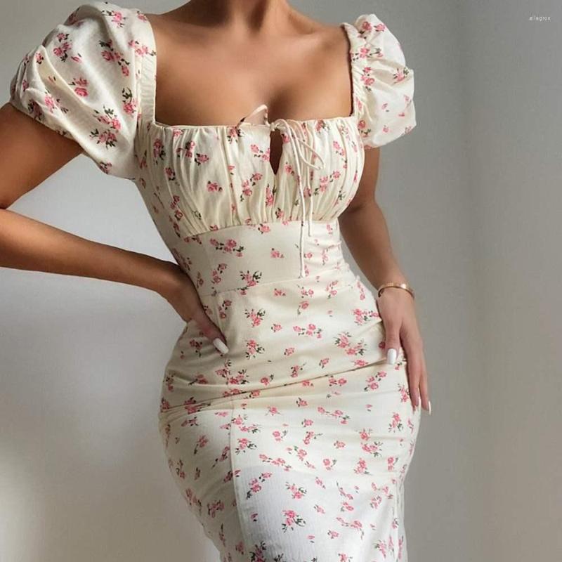 

Casual Dresses Summer Fashion White Elegant Ladies Backless Clothes Puff Sleeve Floral Print Slit Long For Women Sexy Party Y2k, Ivory