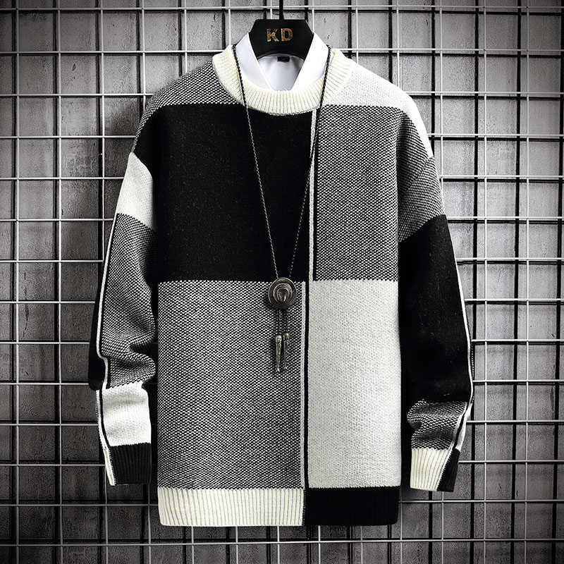 Men's Sweaters Sweter Kotak-kotak Musim Dingin 2022 Pulover Harajuku Pria Pullover Setengah Turtleneck Hangat Tebal Fashion Kualitas G221010