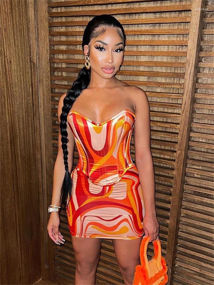 

Work Dresses Paisley Print 2 Pieces Elegant Women Suits Push Up Strapless Off Shoulder Bustiers Tube Tops High Waist Mini Skirts, Multi