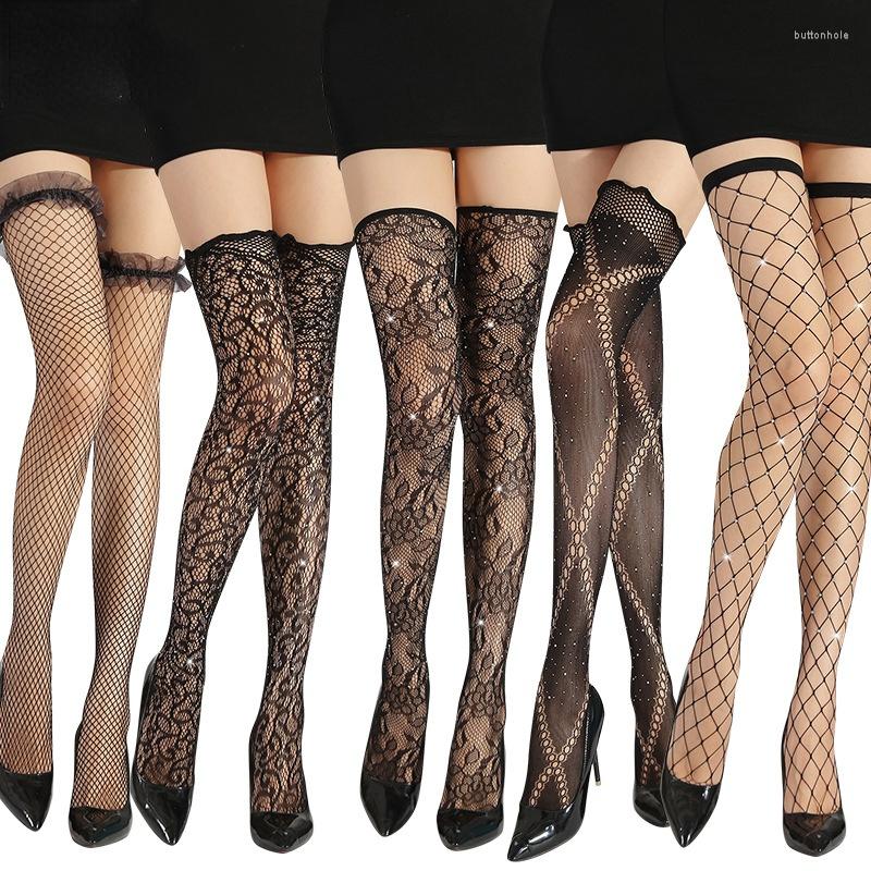 

Women Socks Fashion Drilling Thigh High Pattern Hollow Lace Non-slip Fishnet Stockings Calcetines De La Mujer, W2123 b