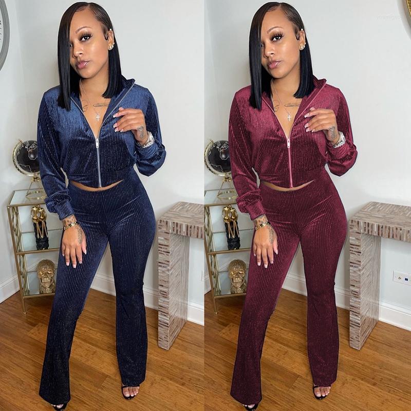 

Women' Two Piece Pants TNNAOFF Trendy Rib Silver Velvet 2 Tracksuits Women Set Full Sleeve Zip Coat Sexy Wide Leg Streetwear Matching Sets, Blue