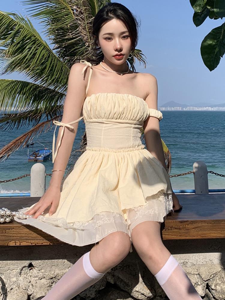 

Casual Dresses Y2K Women Princess Dress Girl Kawaii Strapless Backless Corset Bandage Mini Club Birthday Gown Femme Vestidos Ropa Mujer, Creamy-white