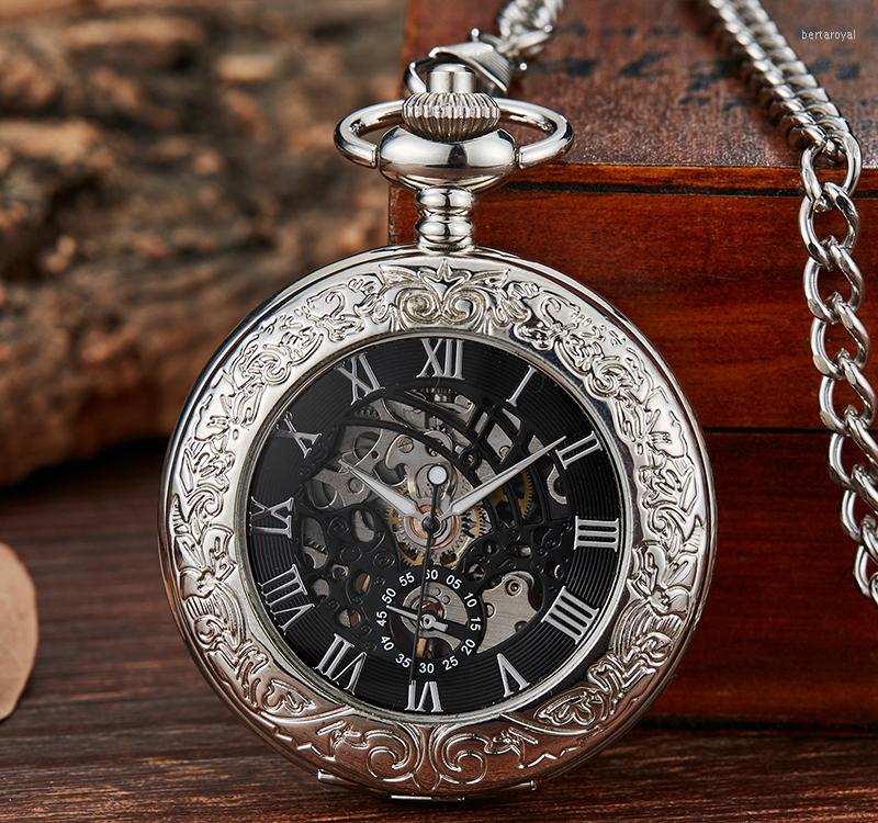 

Pocket Watches Mechanical Watch Vintage Skeleton Roman Numeral Reloj Fob Chain Pendant Hand-winding Men Sliver Mechanisch Zakhorloge, Bronze
