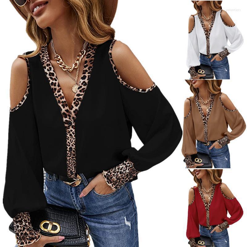 

Women' T Shirts Women' Leopard Print Chiffon T-shirt Off Shoulder Long Sleeve Shirt Panelled V-neck Top Clothing, Black